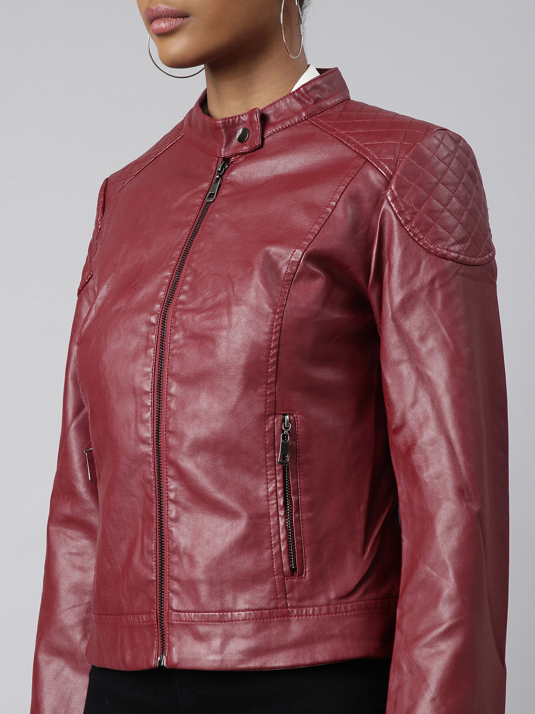 Women's Maroon Stand Collar Crop Biker Jacket