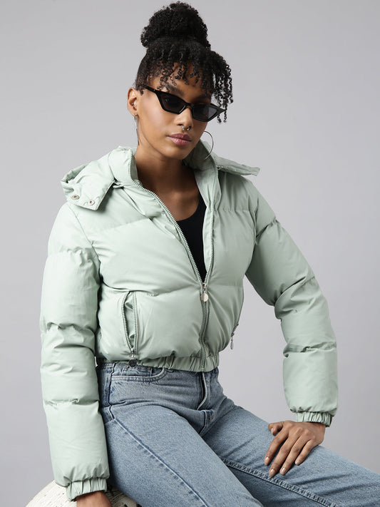 Women's Solid Sea Green Puffer Jacket Comes with Detachable Hood