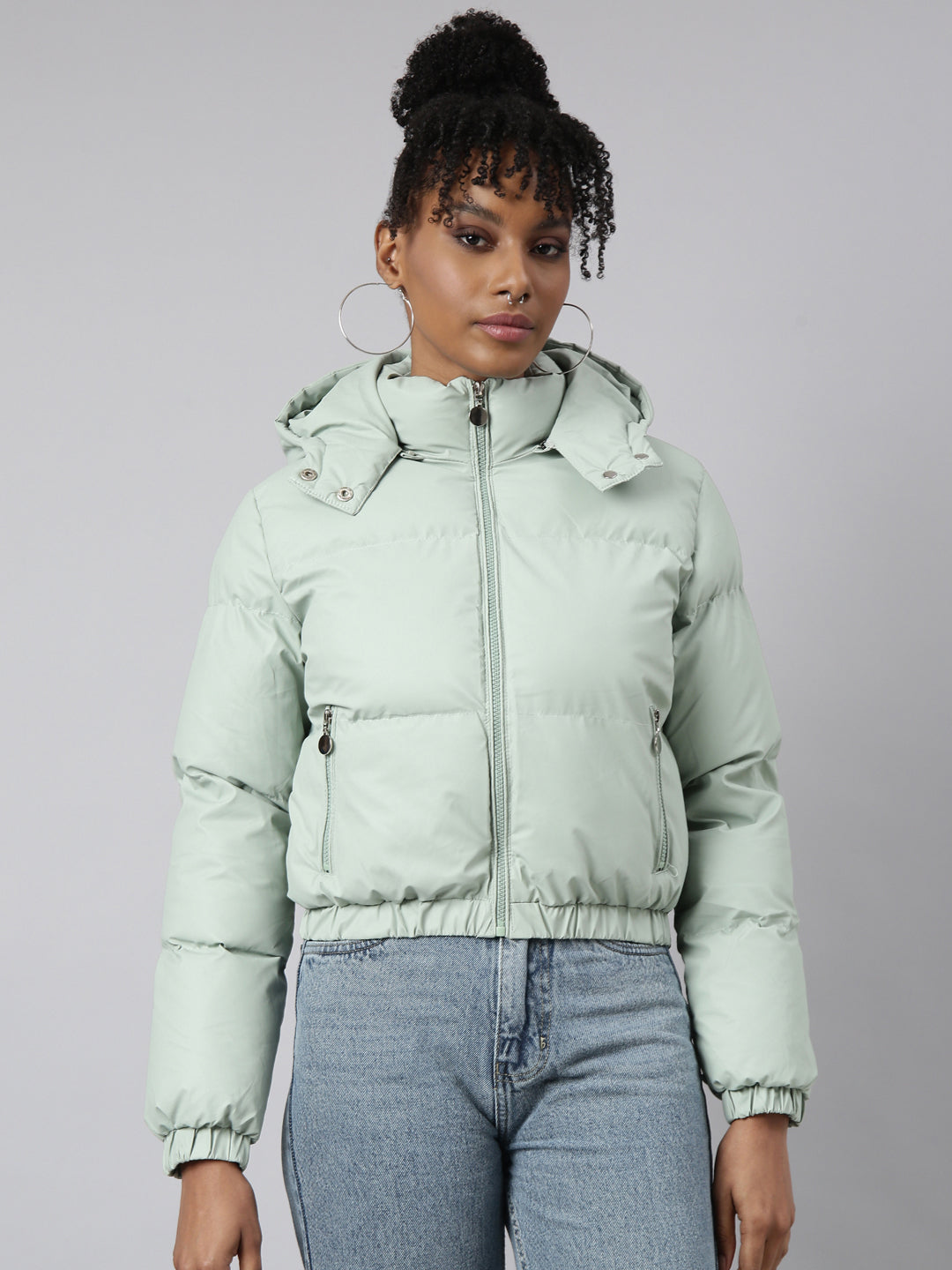 Women's Solid Sea Green Puffer Jacket Comes with Detachable Hood
