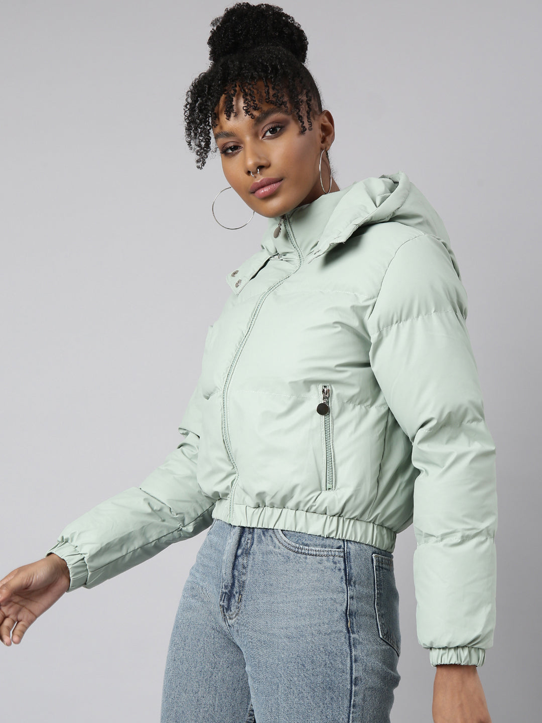 Women's Solid Sea Green Puffer Jacket Comes with Detachable Hood
