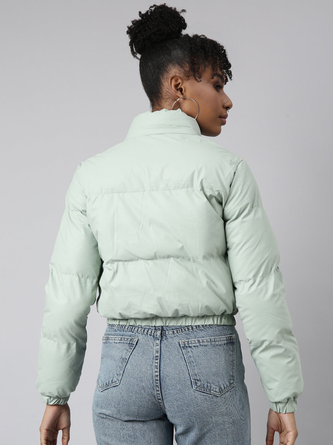 Women's Solid Sea Green Puffer Jacket Comes with Detachable Hood