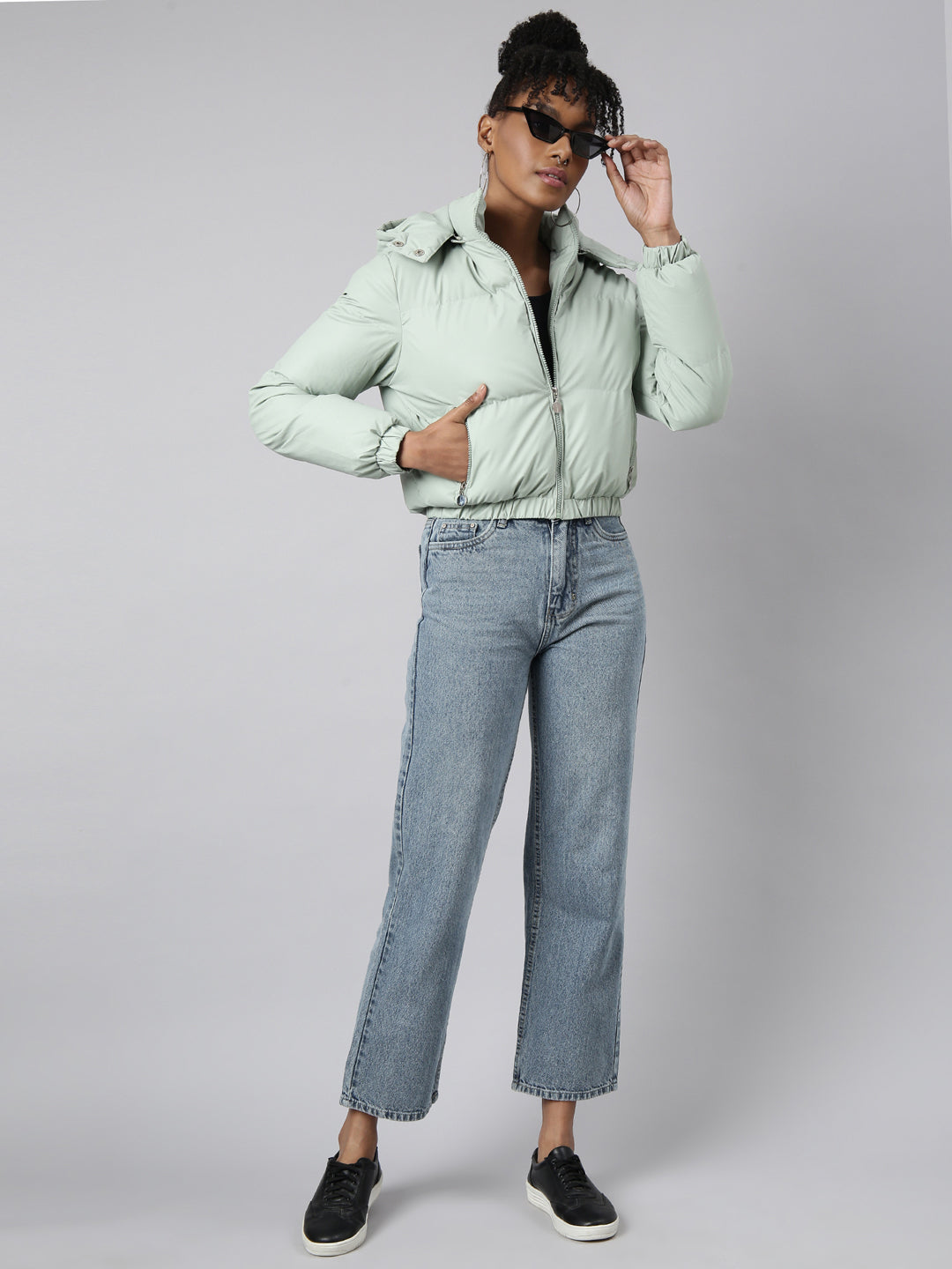 Women's Solid Sea Green Puffer Jacket Comes with Detachable Hood