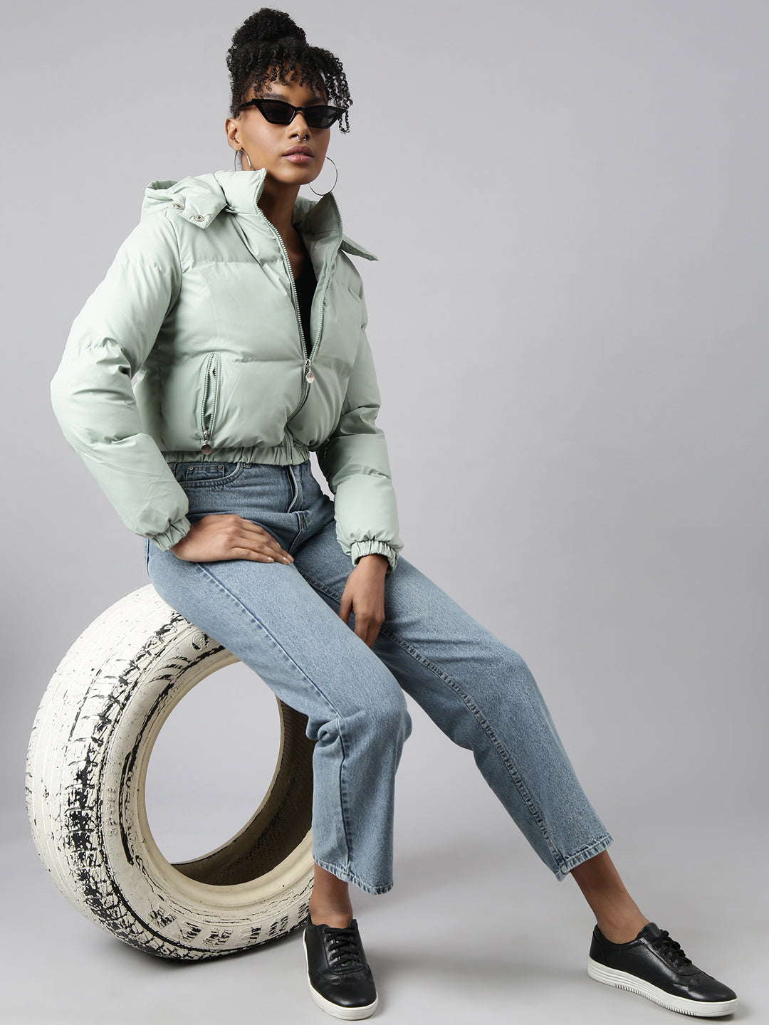 Women's Solid Sea Green Puffer Jacket Comes with Detachable Hood