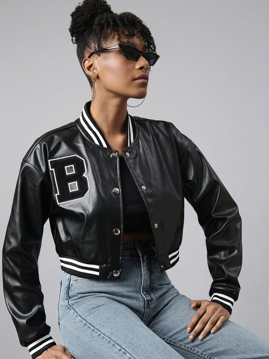 Women's Black Oversized Crop Varsity Jacket