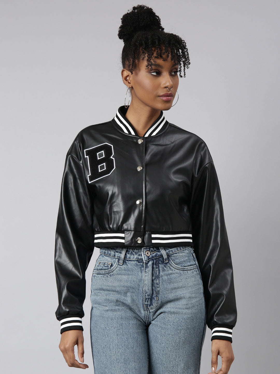 Women's Black Oversized Crop Varsity Jacket