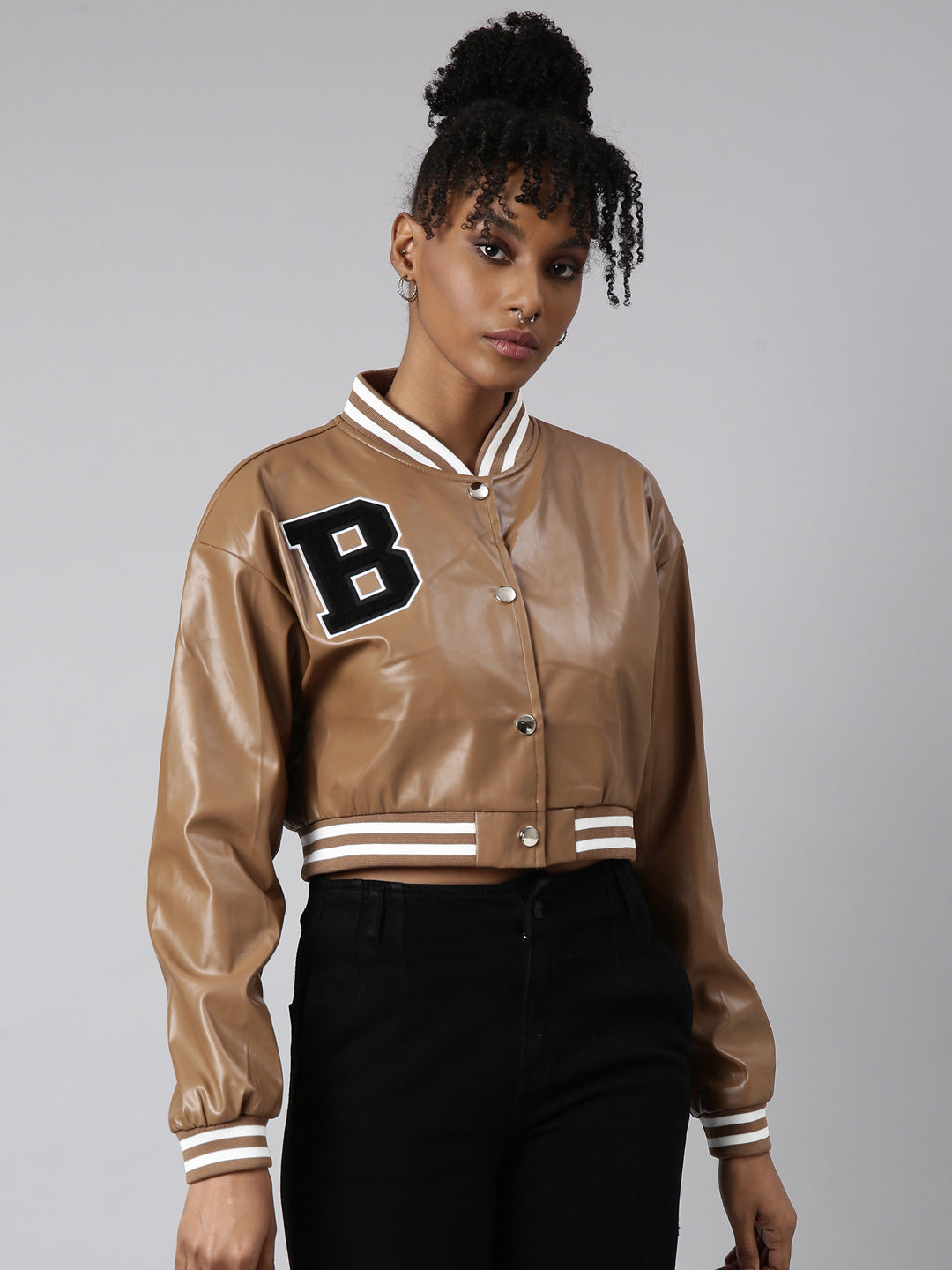 Women's Brown Drop Shoulder Oversized Crop Varsity Jacket