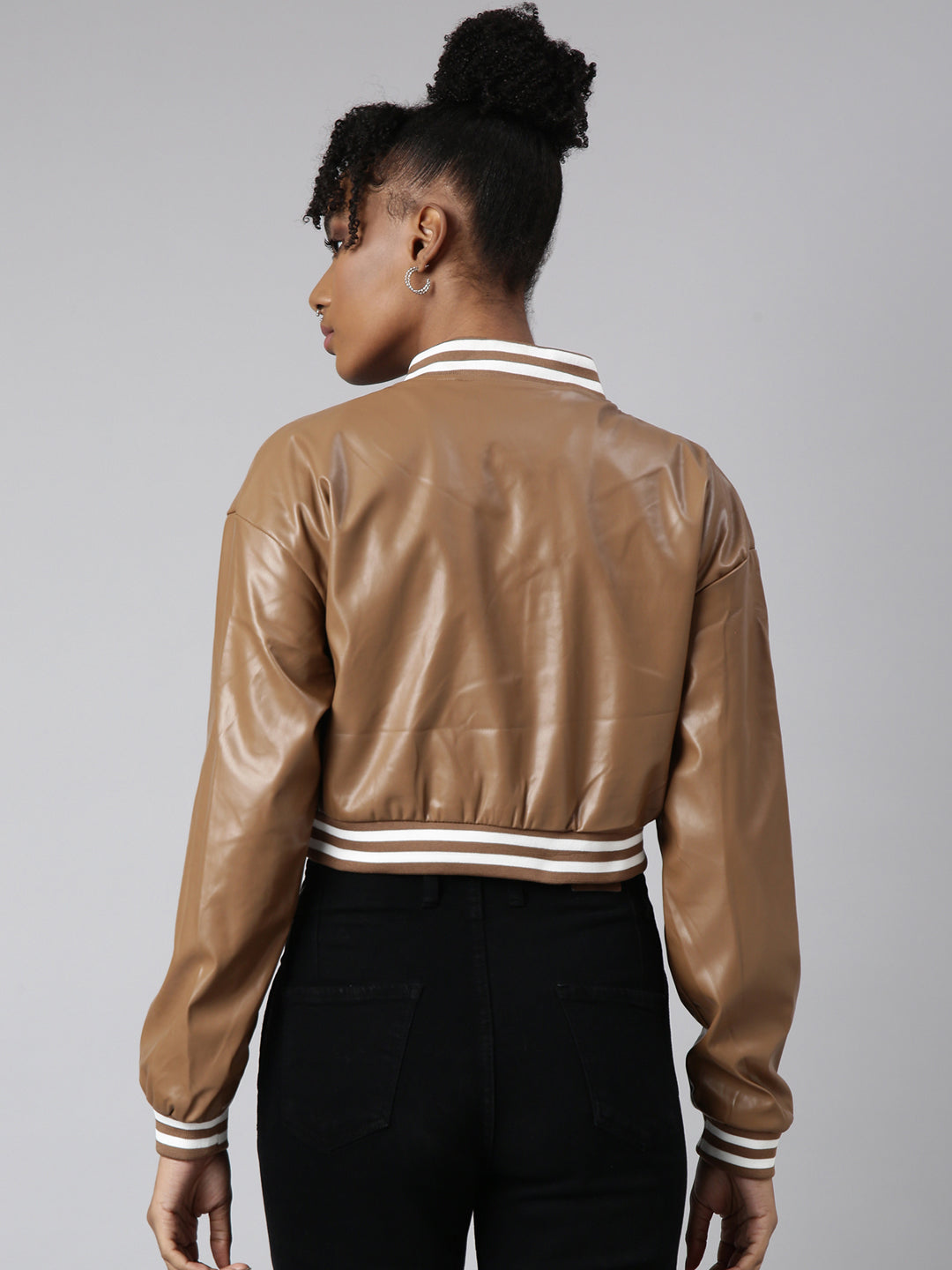 Women's Brown Drop Shoulder Oversized Crop Varsity Jacket