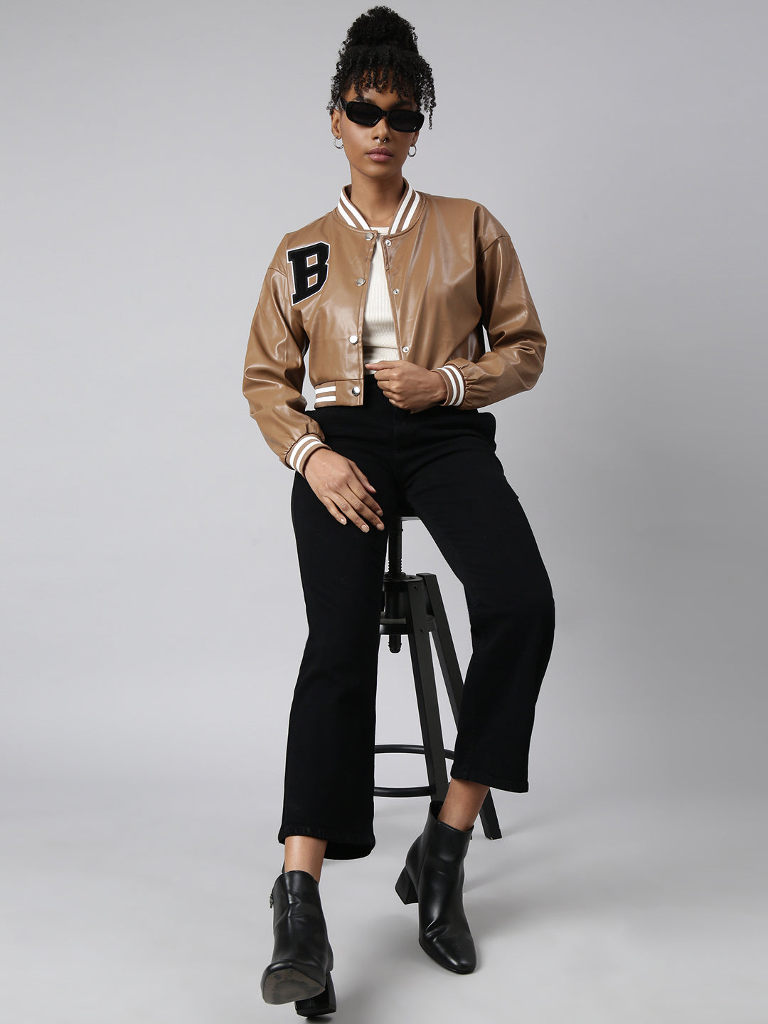 Women's Brown Drop Shoulder Oversized Crop Varsity Jacket