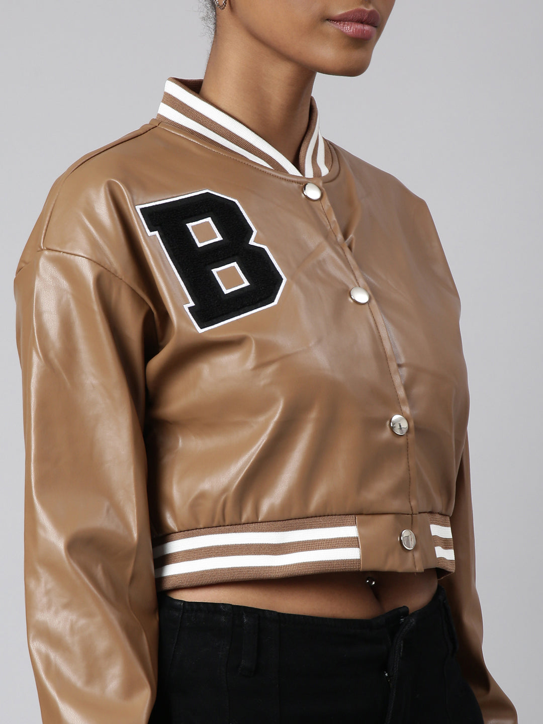 Women's Brown Drop Shoulder Oversized Crop Varsity Jacket