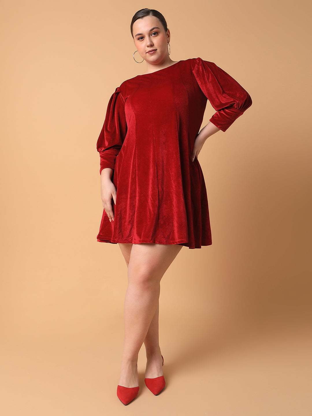 Women's Pink Puff Sleeve Velvet A-line Mini Dress