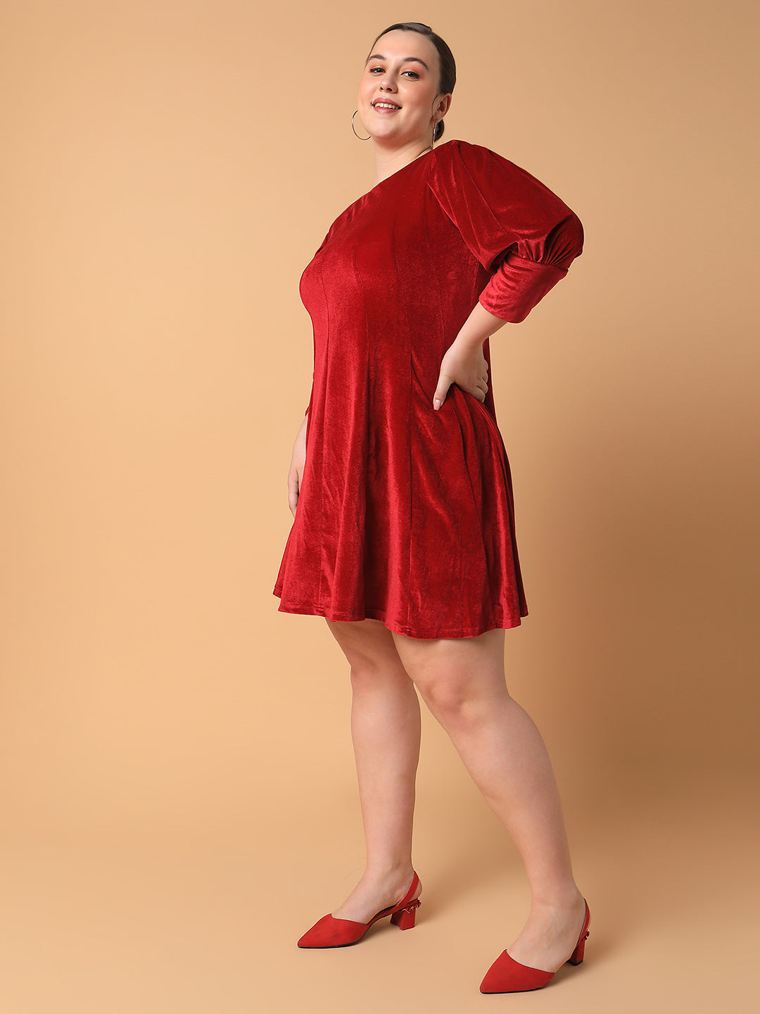 Women's Pink Puff Sleeve Velvet A-line Mini Dress
