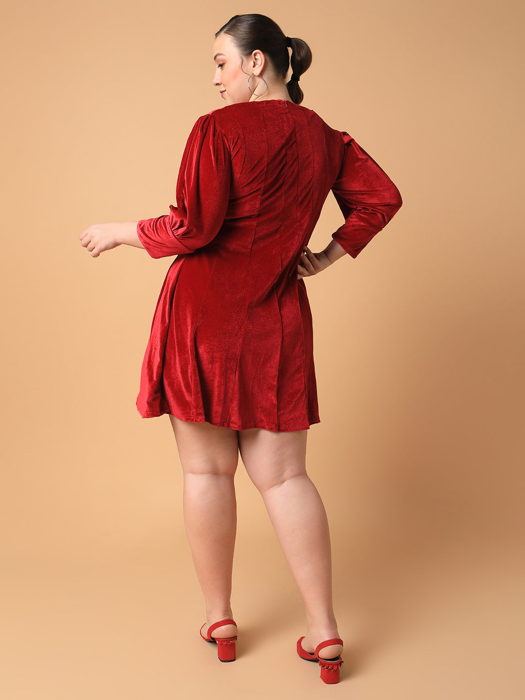 Women's Pink Puff Sleeve Velvet A-line Mini Dress