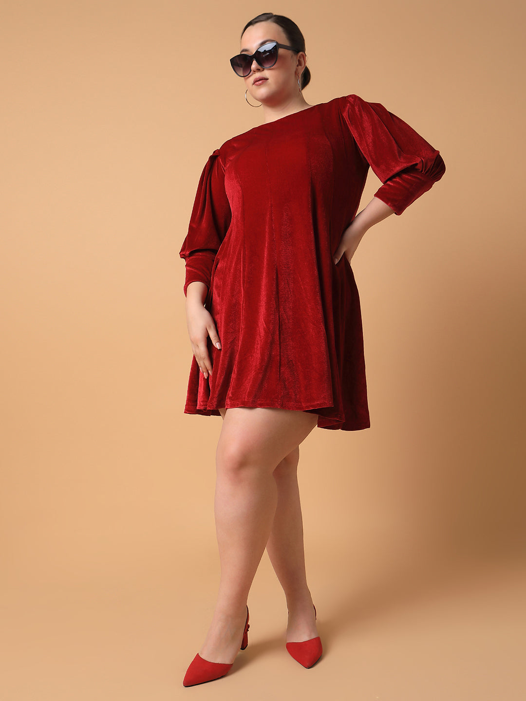 Women's Pink Puff Sleeve Velvet A-line Mini Dress