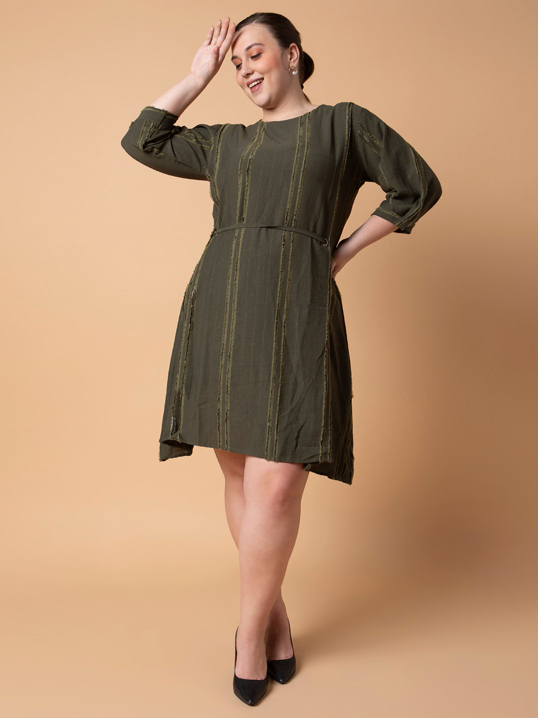 Women's Olive Striped Round Neck Puff Sleeve Cotton Fit and Flare Dress