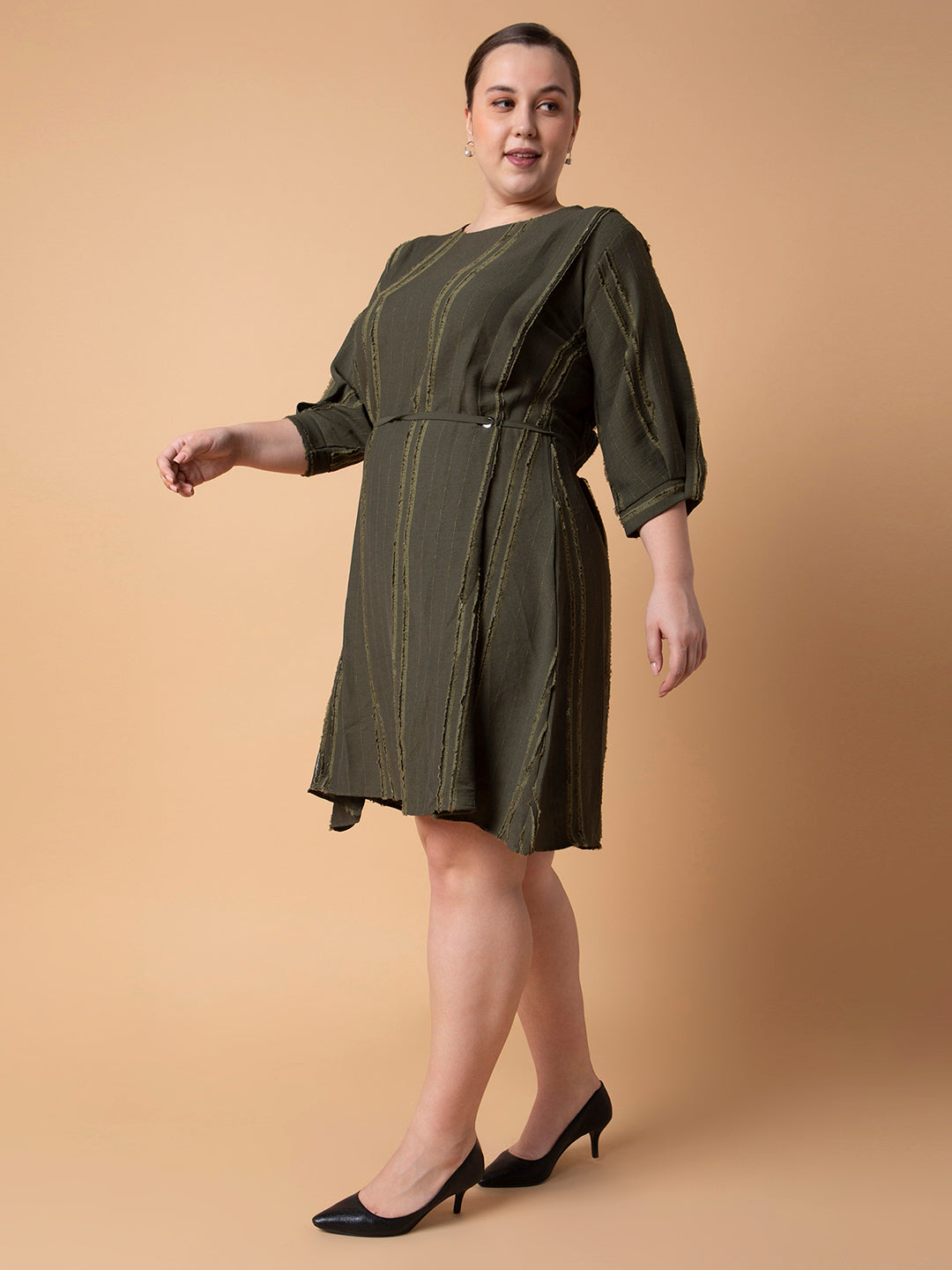 Women's Olive Striped Round Neck Puff Sleeve Cotton Fit and Flare Dress