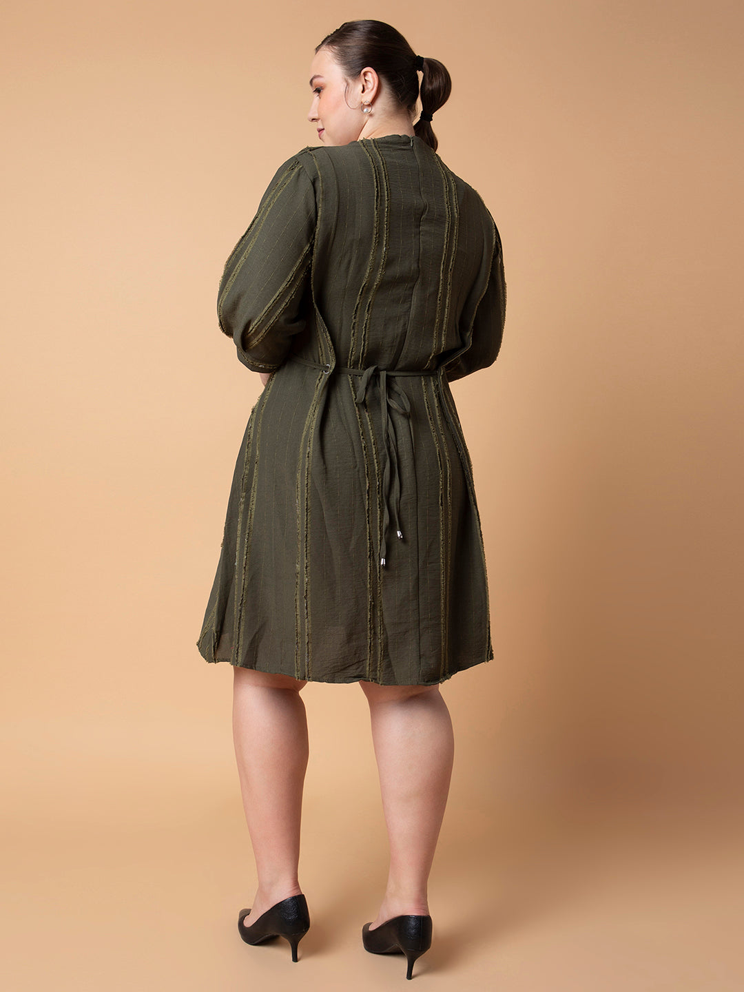 Women's Olive Striped Round Neck Puff Sleeve Cotton Fit and Flare Dress