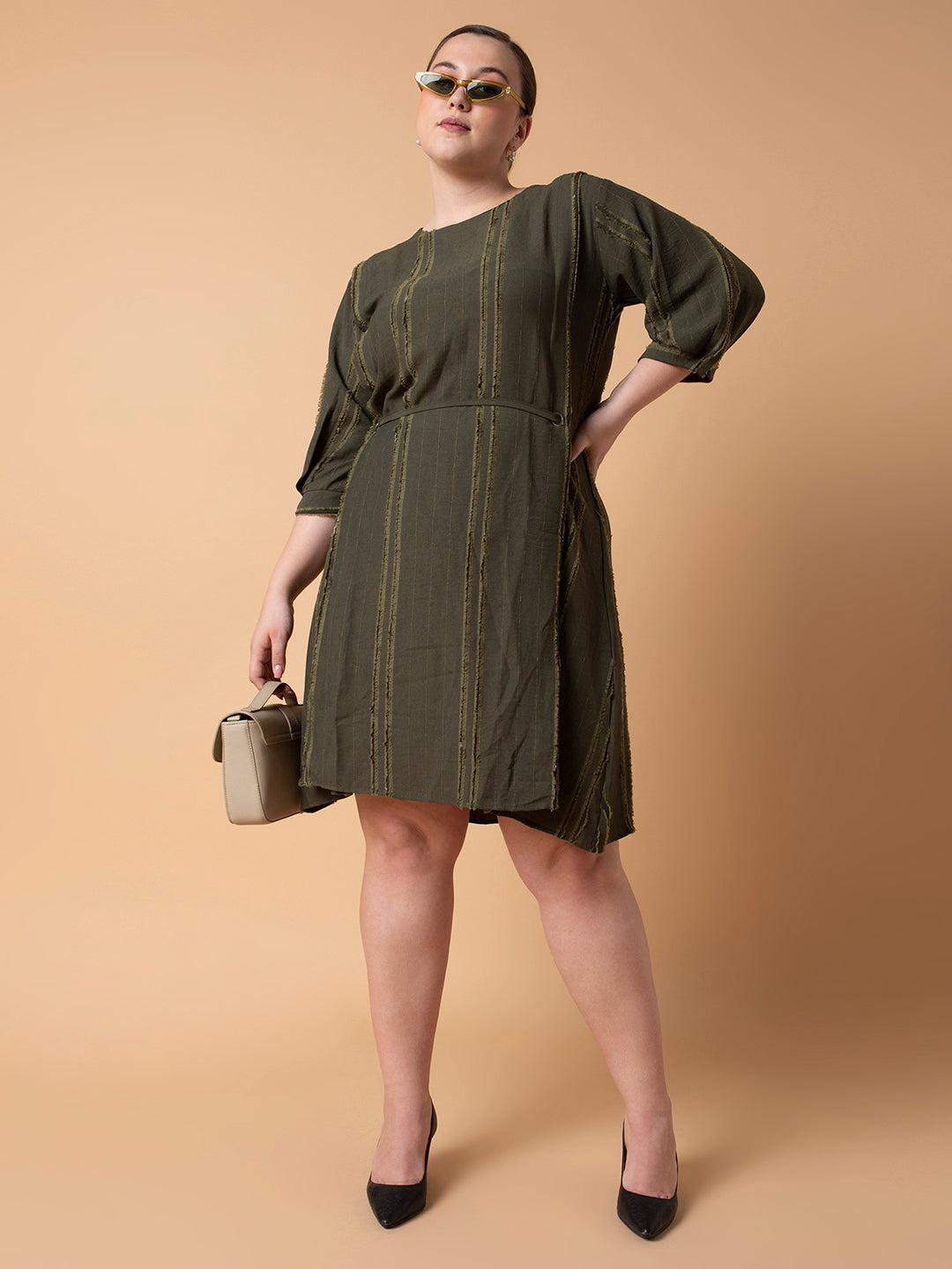 Women's Olive Striped Round Neck Puff Sleeve Cotton Fit and Flare Dress