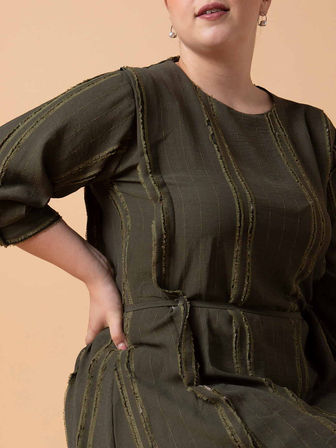 Women's Olive Striped Round Neck Puff Sleeve Cotton Fit and Flare Dress