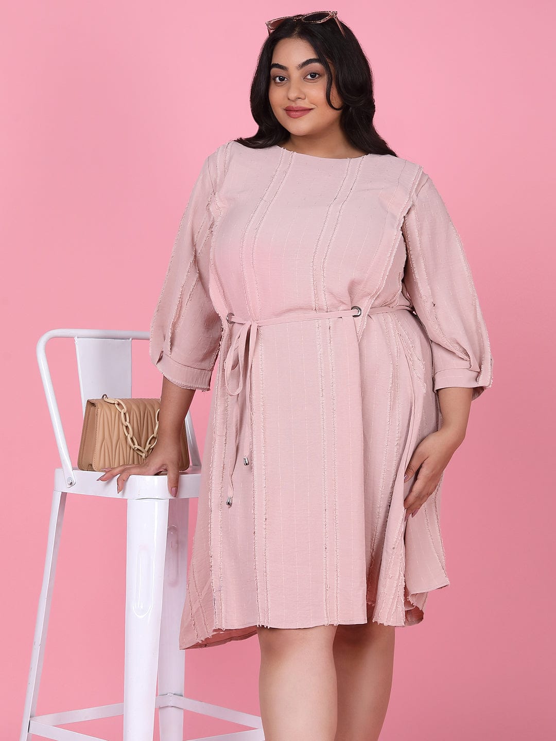 Women's Peach Puff Sleeve Fringed Fit & Flare Dress
