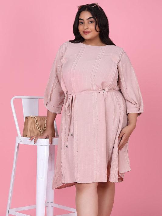 Women's Peach Puff Sleeve Fringed Fit & Flare Dress