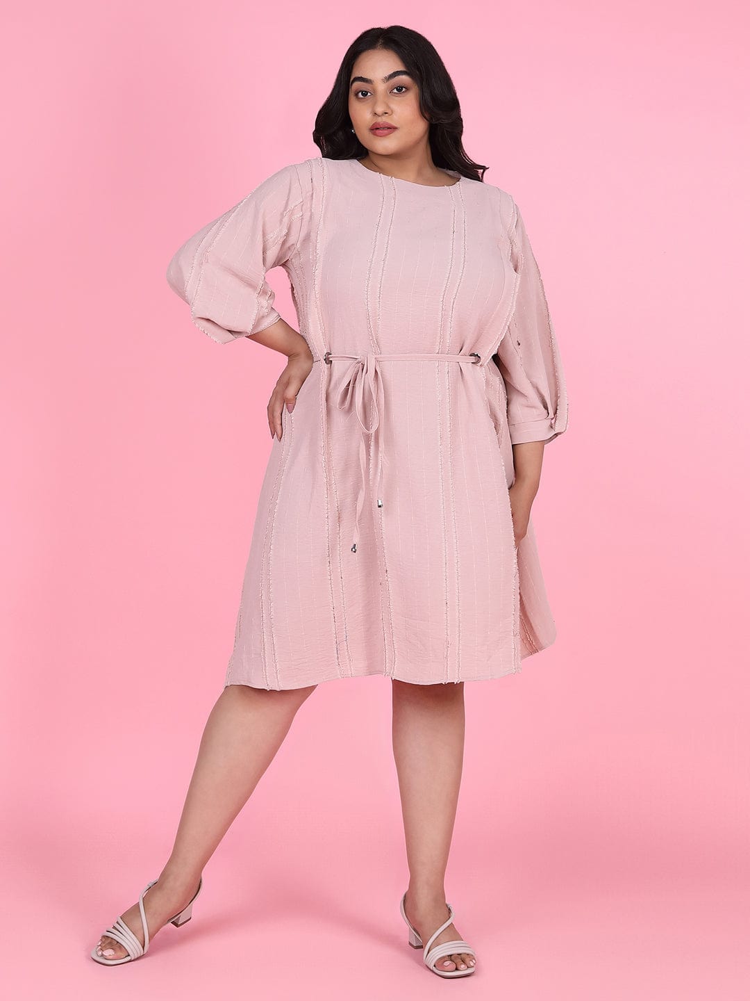 Women's Peach Puff Sleeve Fringed Fit & Flare Dress