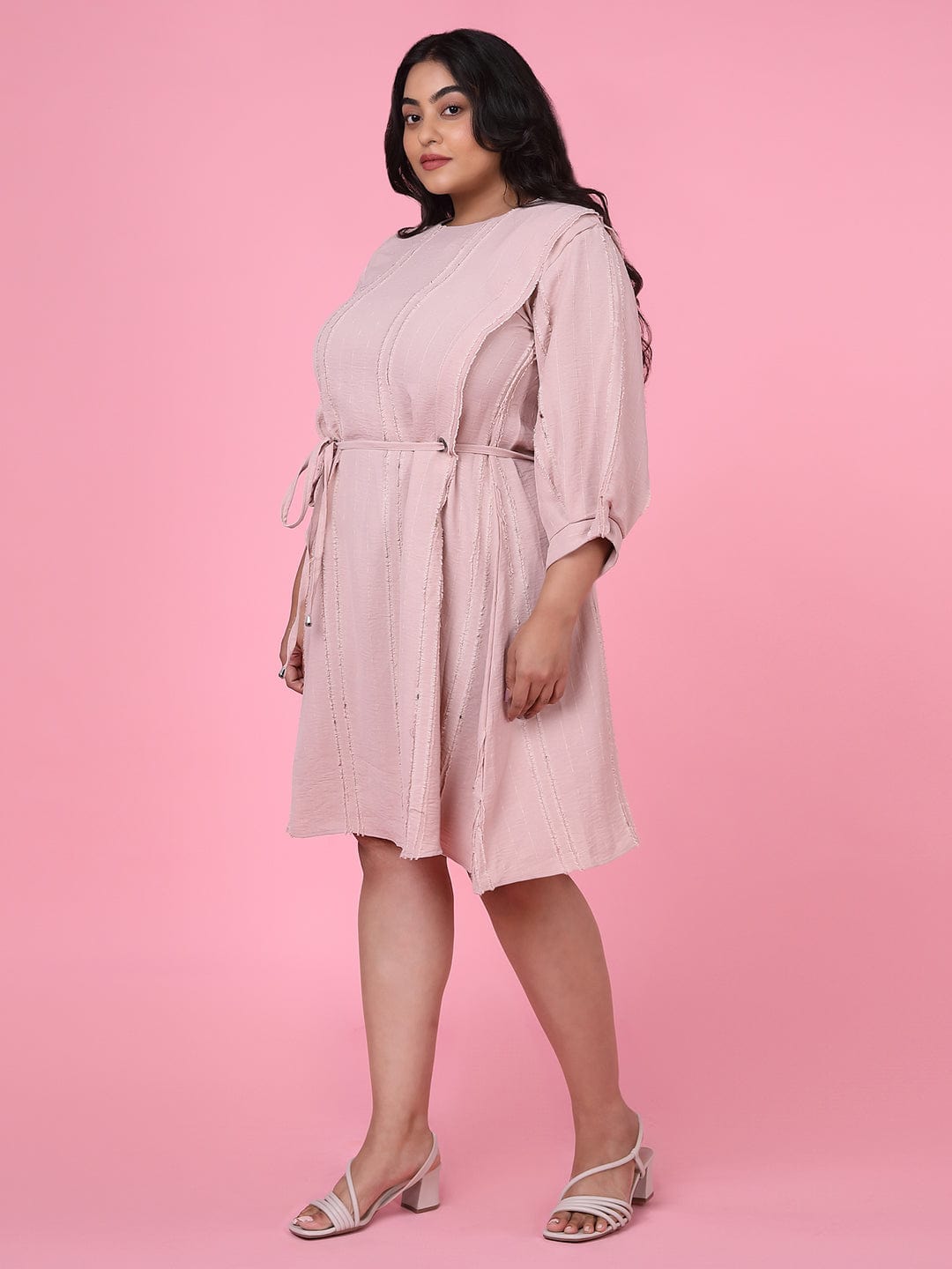 Women's Peach Puff Sleeve Fringed Fit & Flare Dress