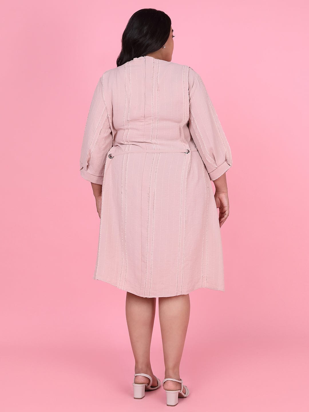 Women's Peach Puff Sleeve Fringed Fit & Flare Dress