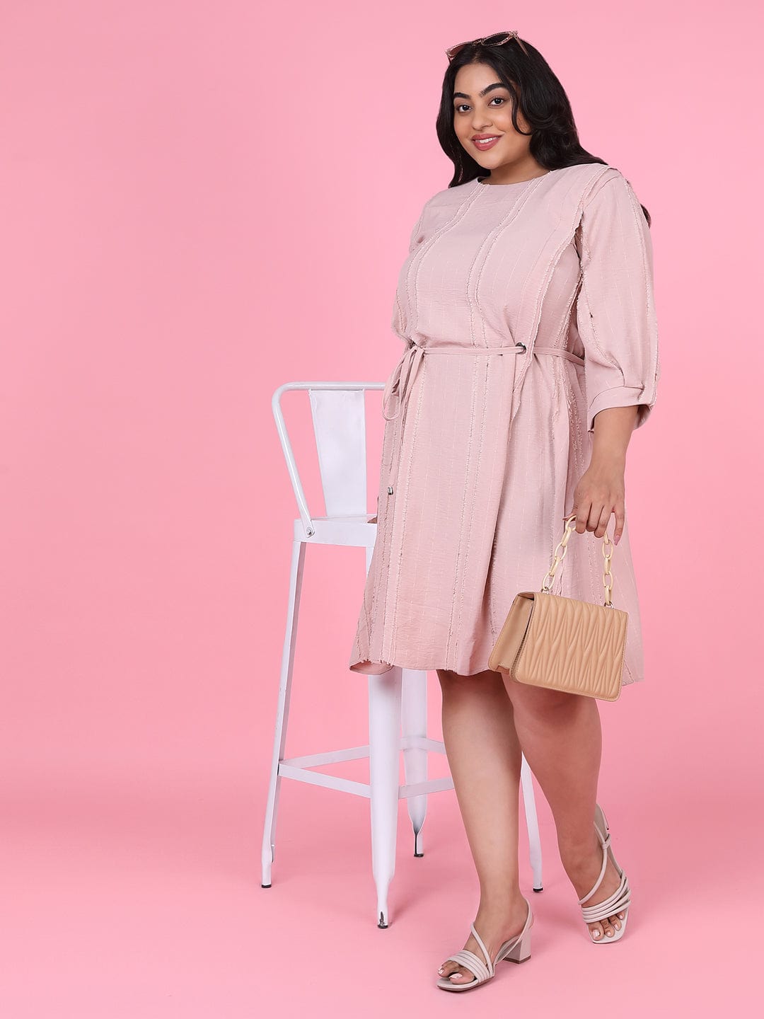 Women's Peach Puff Sleeve Fringed Fit & Flare Dress