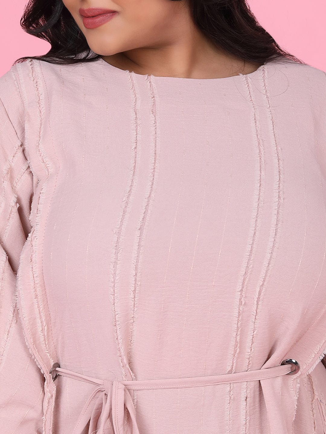Women's Peach Puff Sleeve Fringed Fit & Flare Dress
