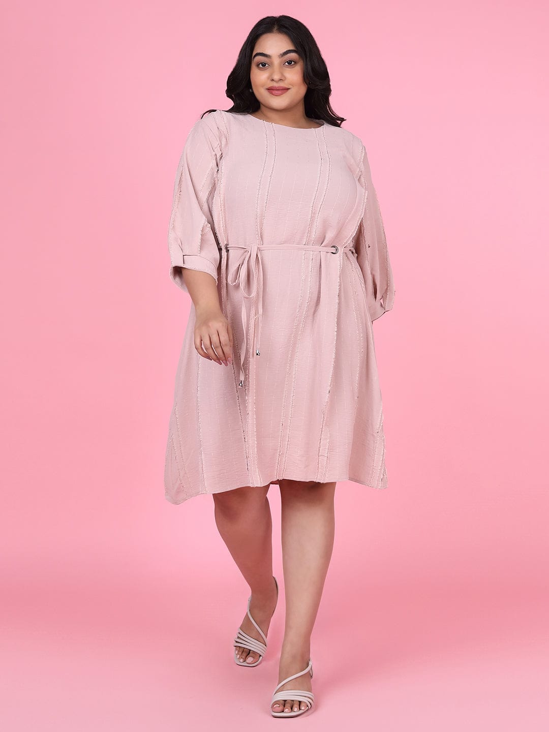 Women's Peach Puff Sleeve Fringed Fit & Flare Dress