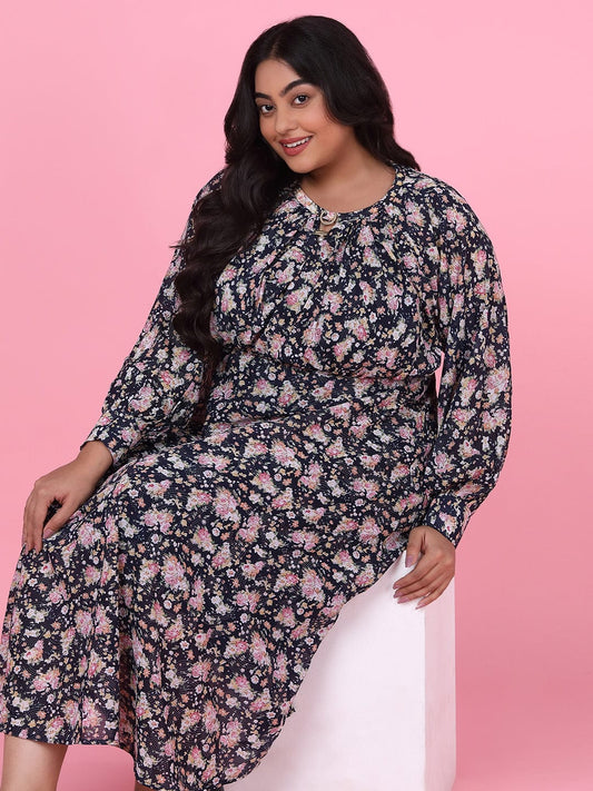 Women's Floral Navy Blue Fit and Flare Midi Dress