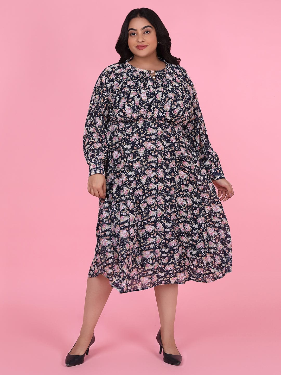 Women's Floral Navy Blue Fit and Flare Midi Dress