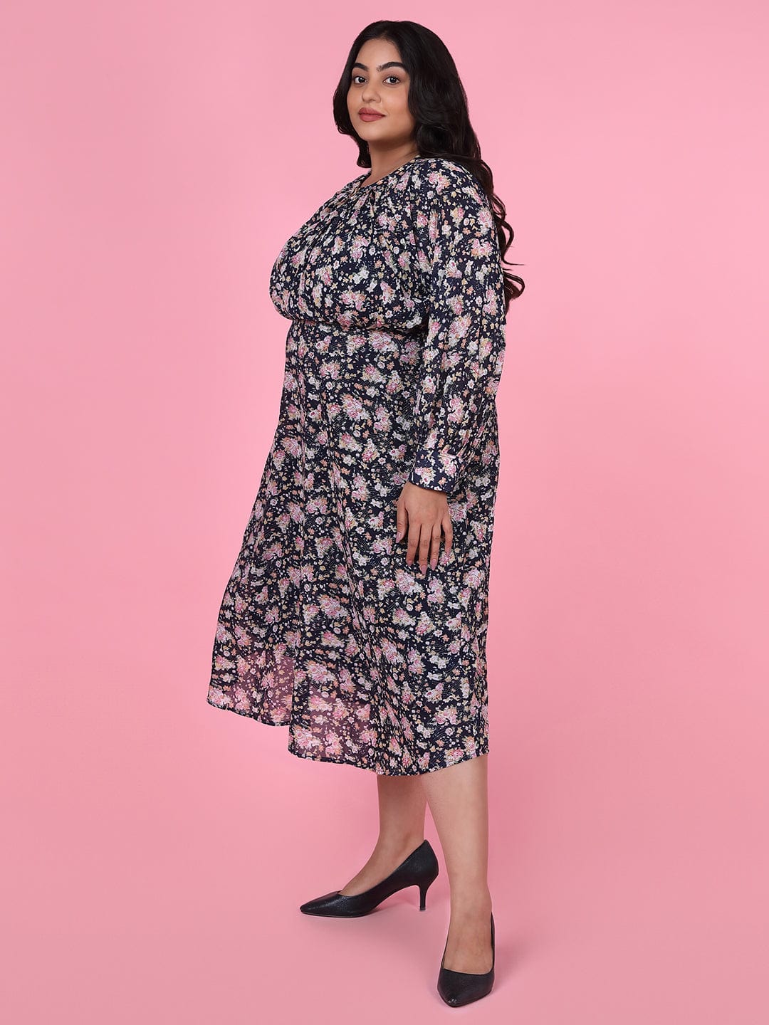 Women's Floral Navy Blue Fit and Flare Midi Dress