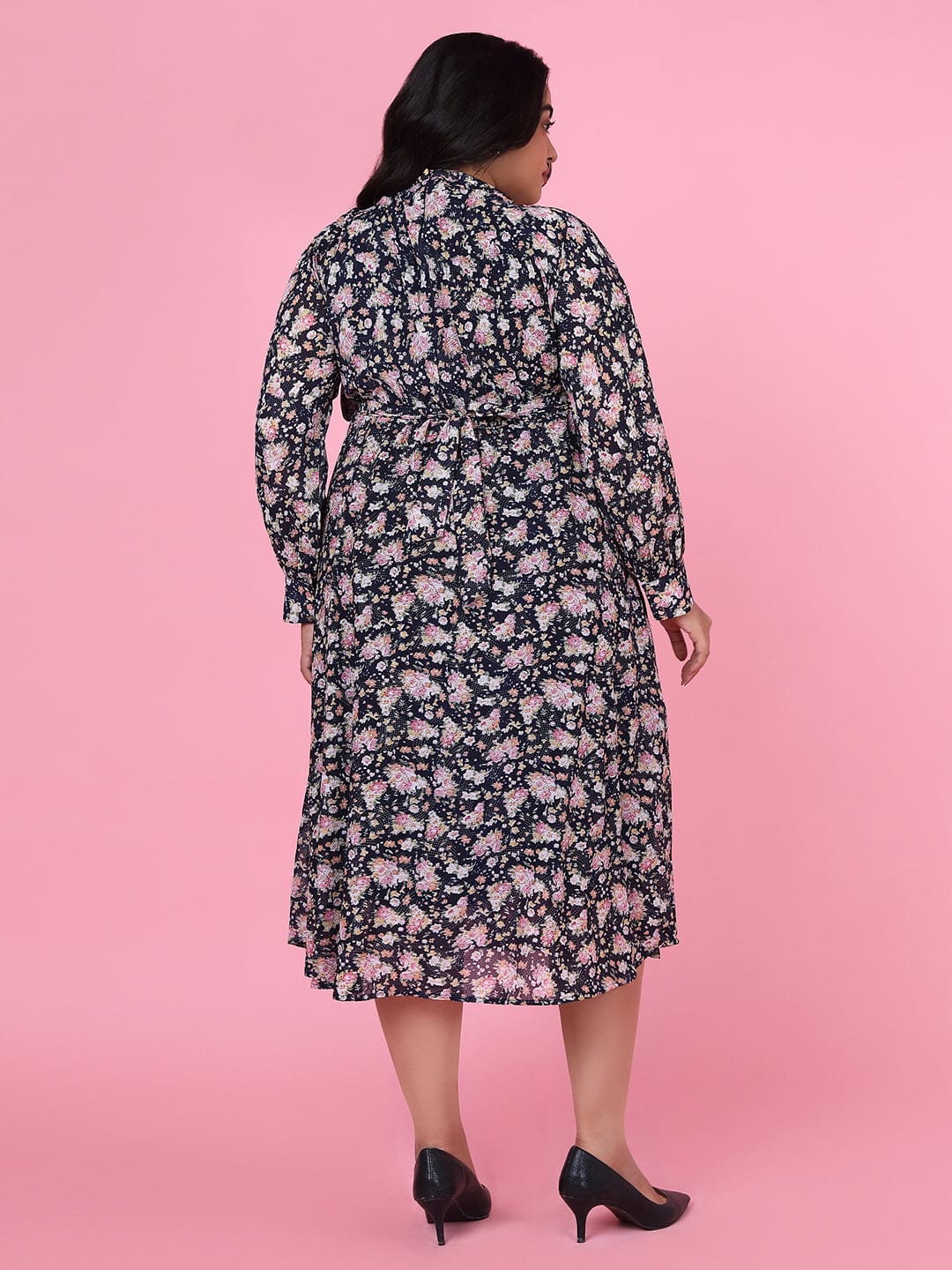 Women's Floral Navy Blue Fit and Flare Midi Dress
