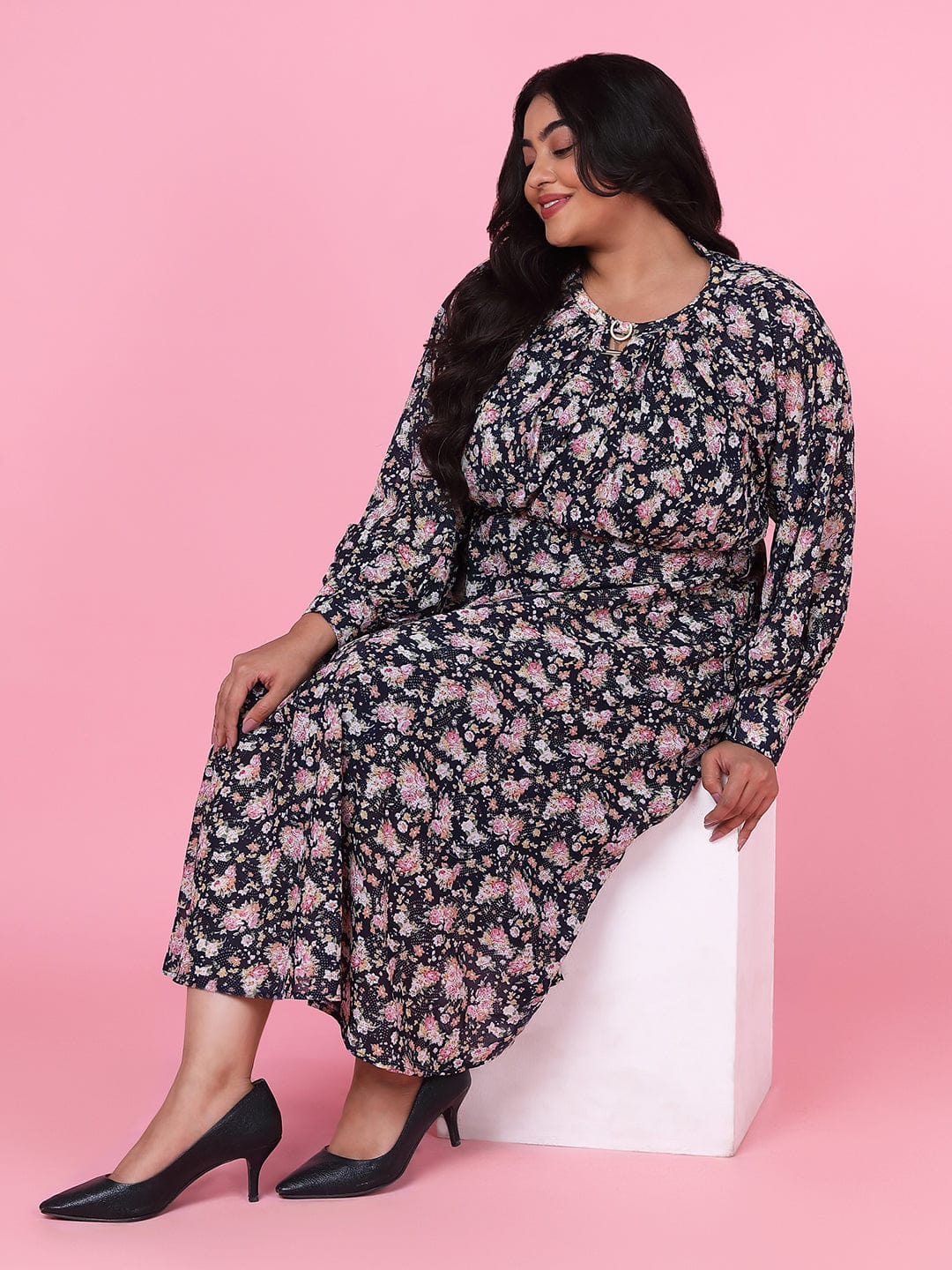 Women's Floral Navy Blue Fit and Flare Midi Dress