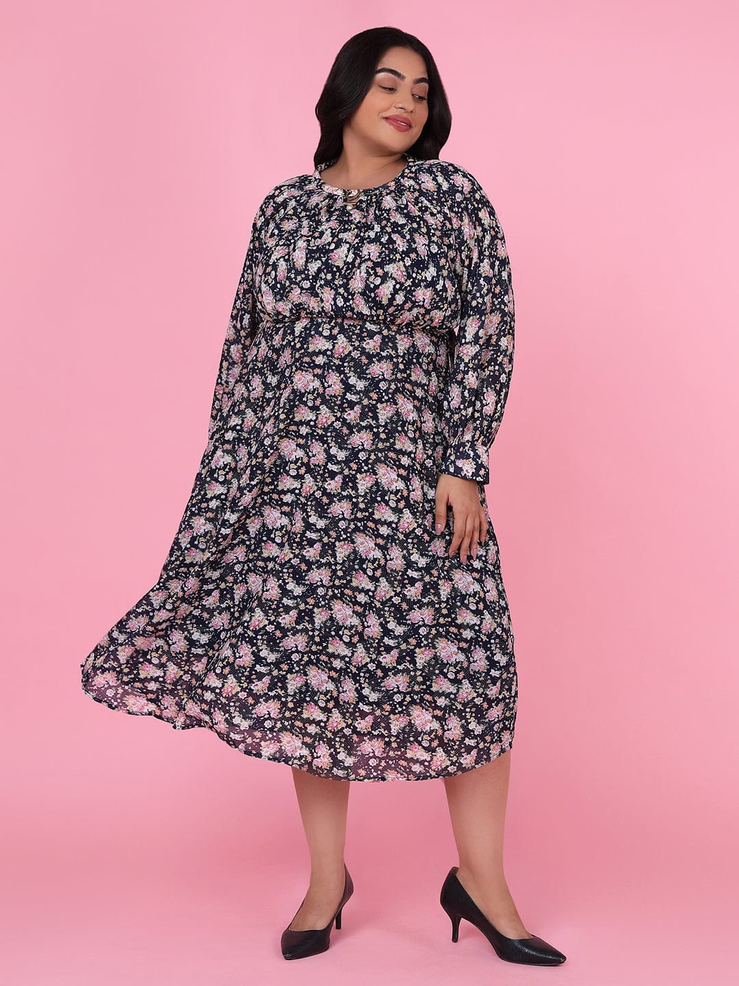 Women's Floral Navy Blue Fit and Flare Midi Dress