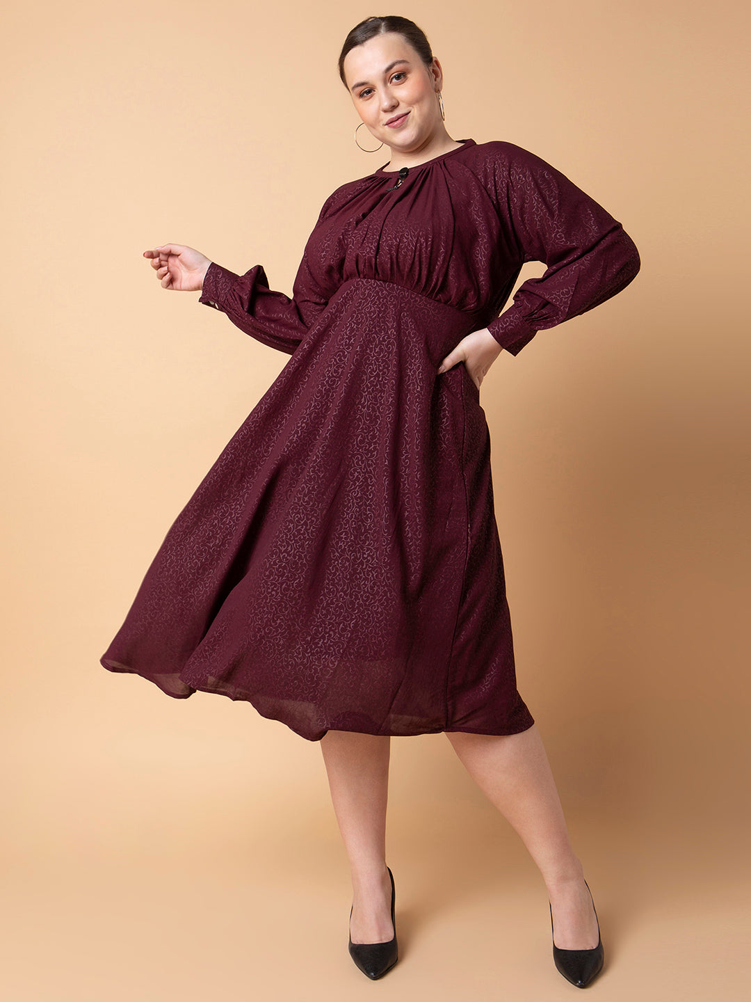 Women's Floral Maroon Fit and Flare Midi Dress