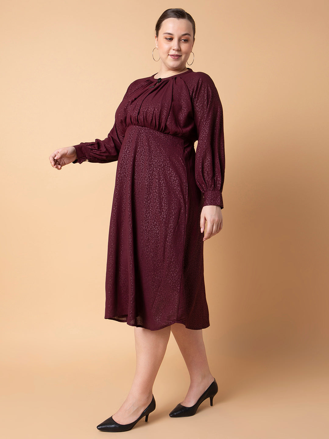 Women's Floral Maroon Fit and Flare Midi Dress