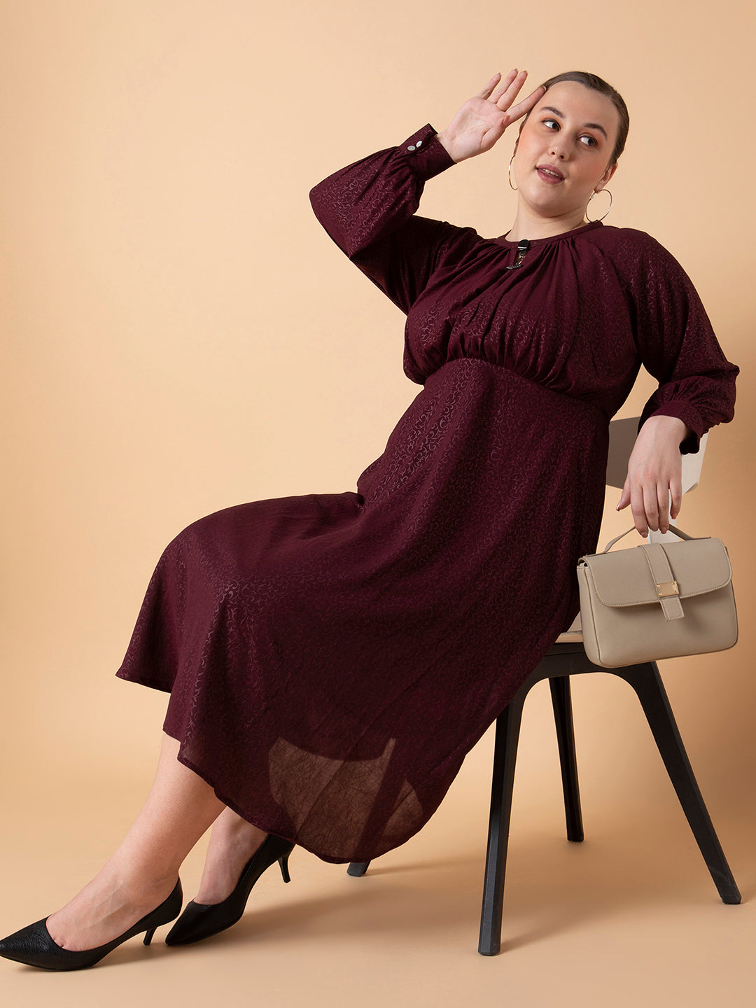 Women's Floral Maroon Fit and Flare Midi Dress