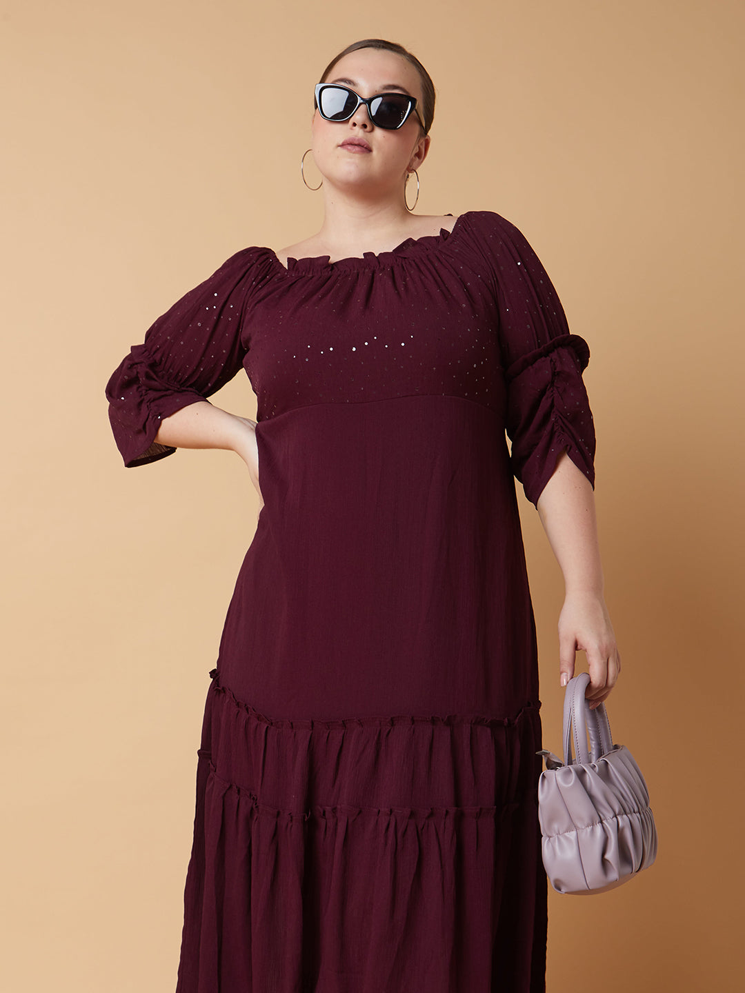 Women's Solid Burgundy Fit and Flare Midi Dress