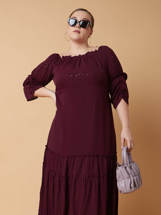 Women's Solid Burgundy Fit and Flare Midi Dress