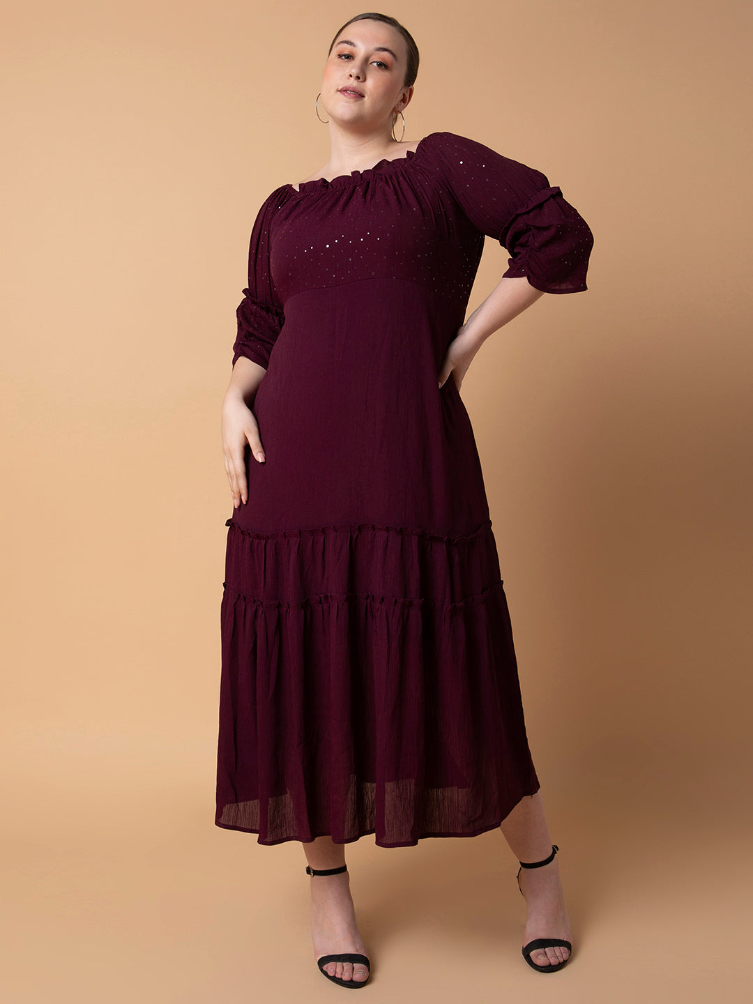 Women's Solid Burgundy Fit and Flare Midi Dress