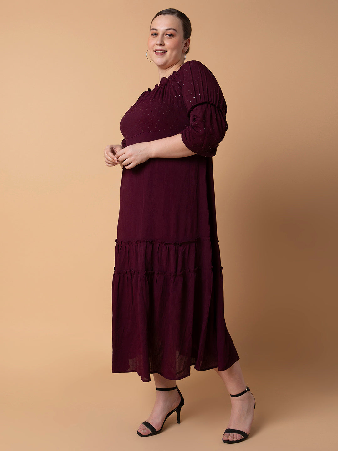 Women's Solid Burgundy Fit and Flare Midi Dress