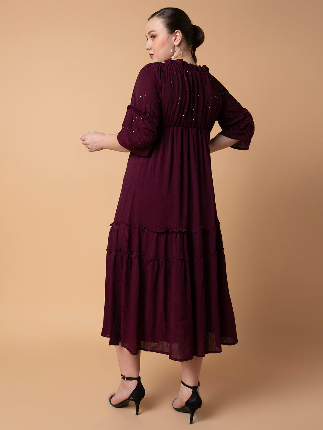 Women's Solid Burgundy Fit and Flare Midi Dress