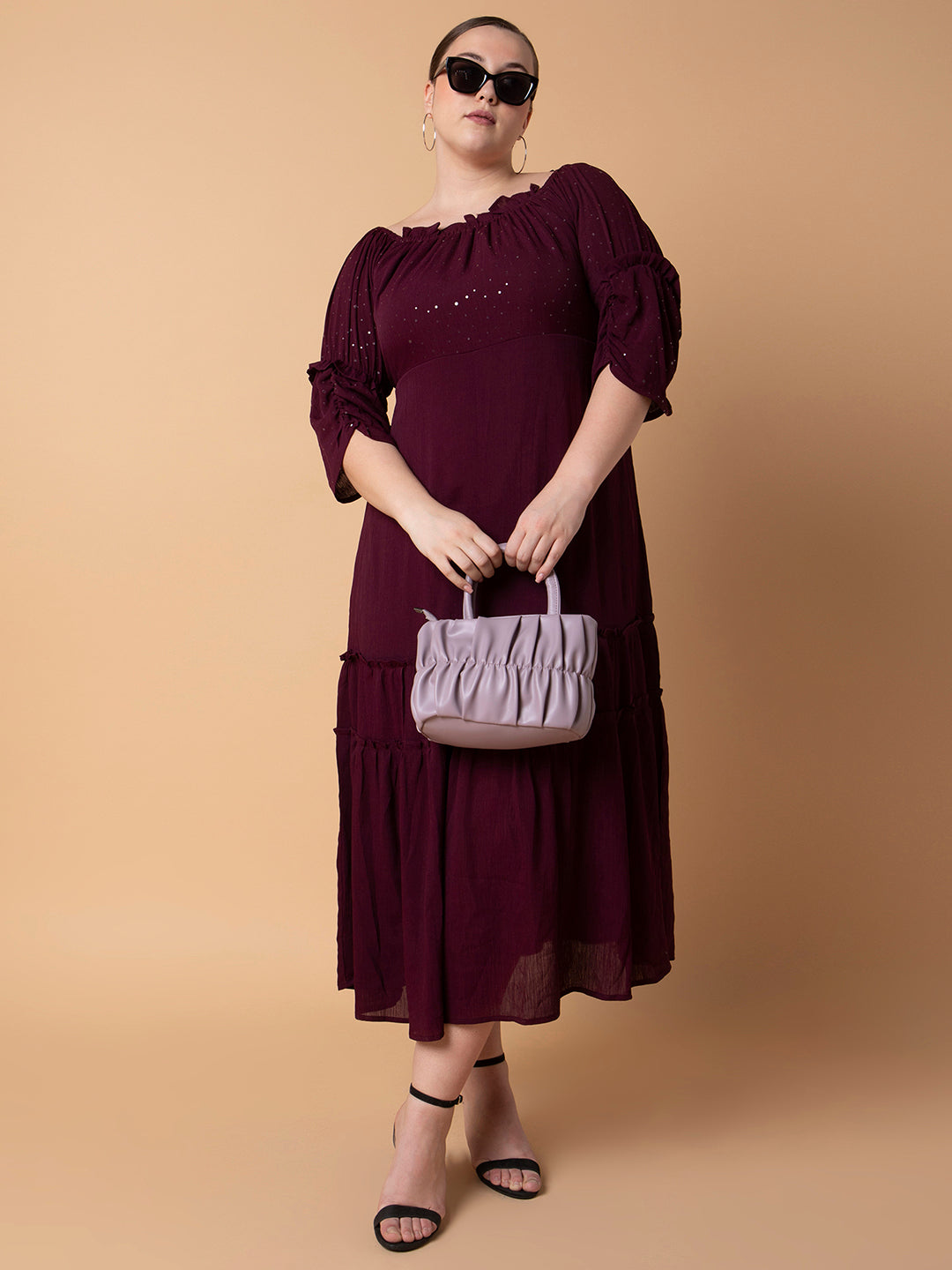 Women's Solid Burgundy Fit and Flare Midi Dress
