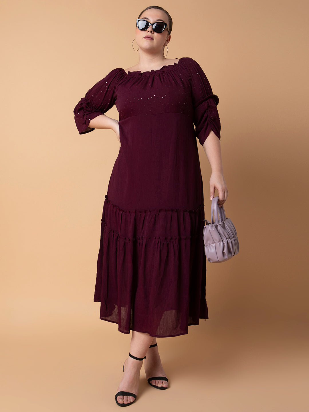 Women's Solid Burgundy Fit and Flare Midi Dress