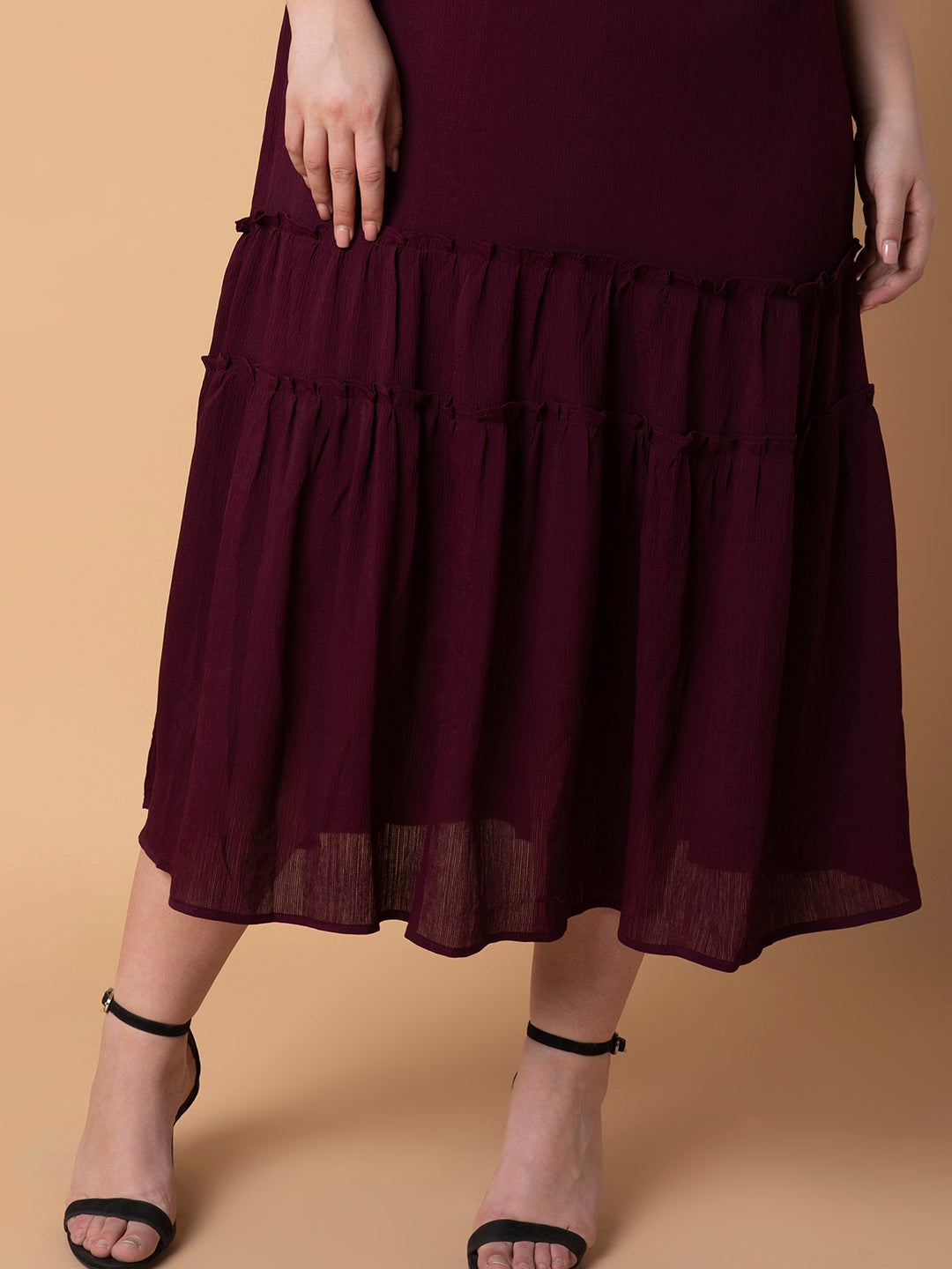 Women's Solid Burgundy Fit and Flare Midi Dress