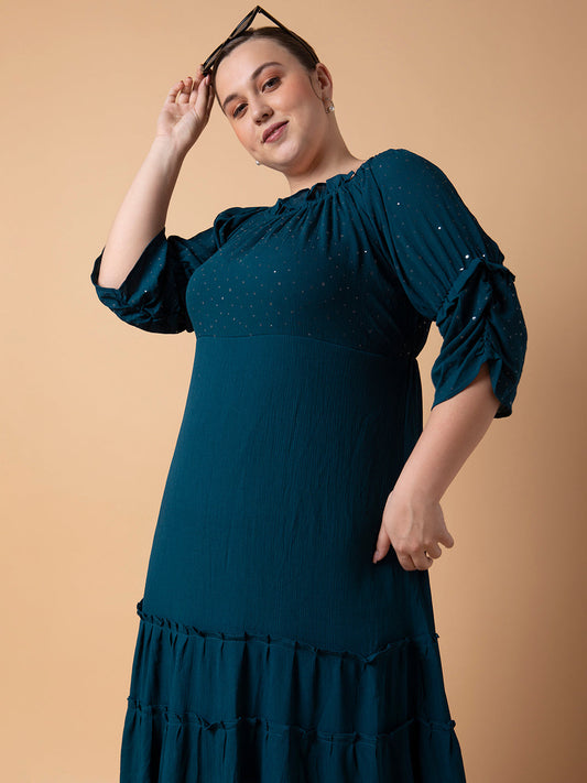 Women's Casual Solid Teal Fit and Flare Midi Dress