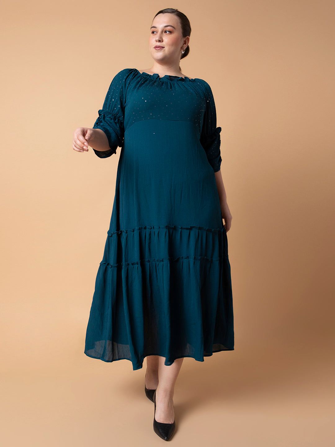 Women's Casual Solid Teal Fit and Flare Midi Dress