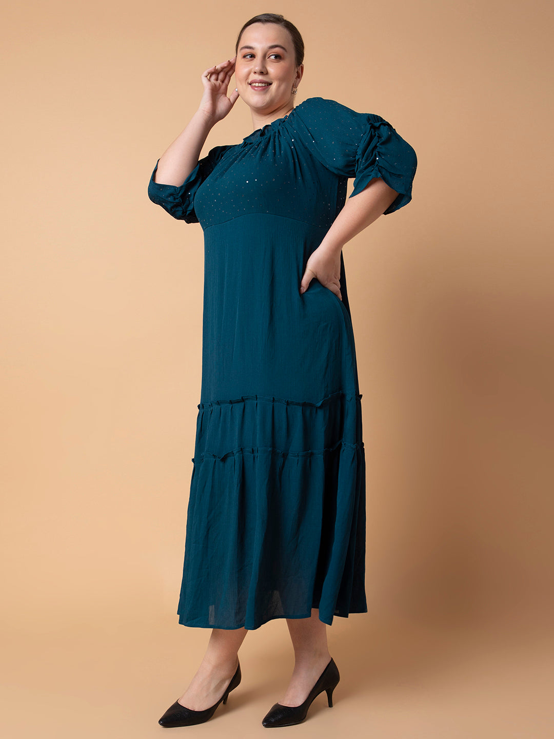Women's Casual Solid Teal Fit and Flare Midi Dress